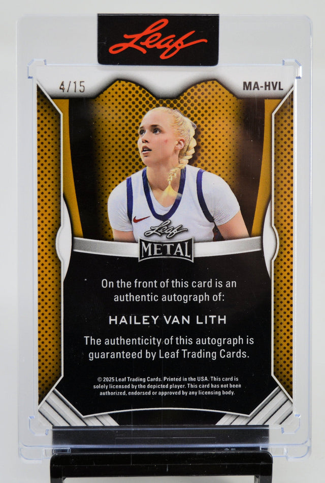 Back of Hailey Van Lith Leaf Metal autograph card, showing authenticity guarantee and card details.
