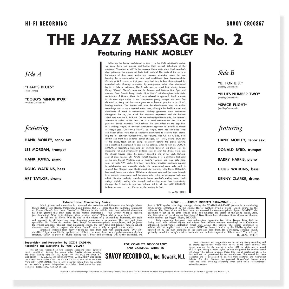Back cover of a vinyl record featuring text about 'The Jazz Message No. 2' with Hank Mobley and other musicians.