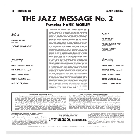 Back cover of a vinyl record featuring text about 'The Jazz Message No. 2' with Hank Mobley and other musicians.