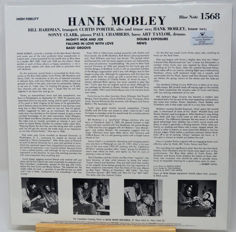 Back cover of a Hank Mobley music record sleeve, printed in black text and three small black-and-white photos on an off-white background, with the Blue Note logo and catalog number 1568 visible.