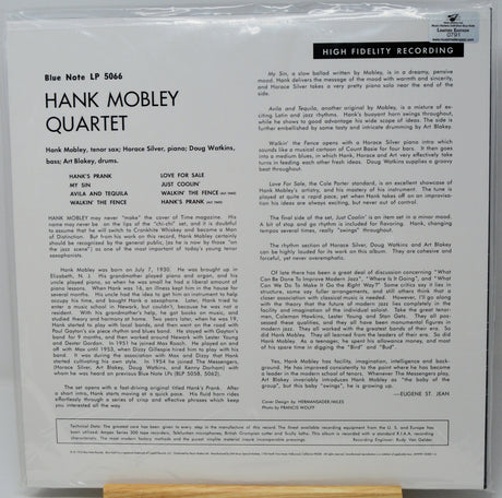 The back cover of the Hank Mobley Quartet 'Love for Sale' LP 5066 on Blue Note Records, showing detailed tracklist text, credits, and copyright information on a white background.