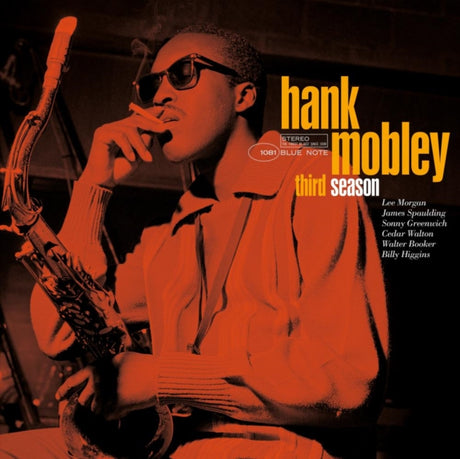 Album cover featuring a saxophonist with sunglasses, holding a saxophone, and text 'hank mobley third season' on a red and black background.