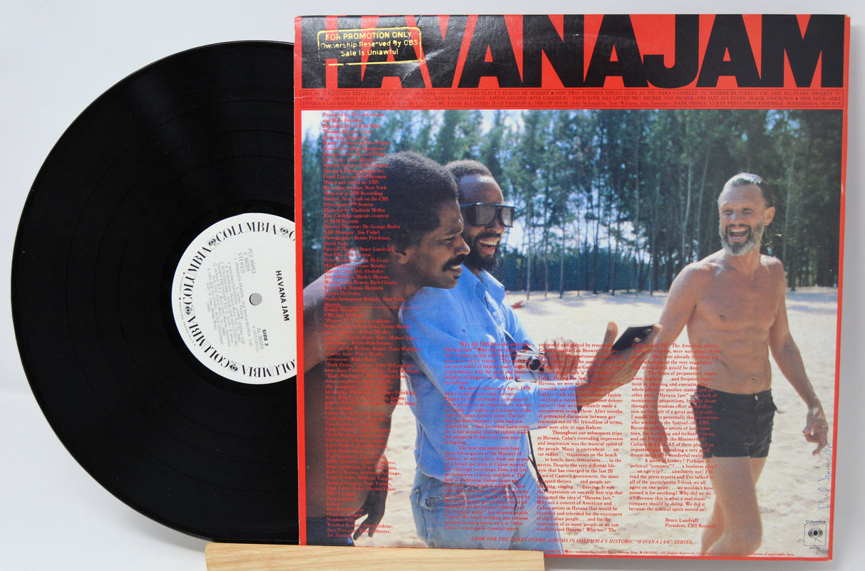 Havana Jam vinyl record and rear cover with three men smiling on the beach