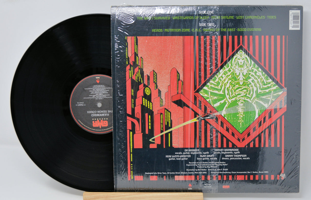 Back cover of Hawkwind's 'The Xenon Codex' vinyl LP with futuristic city and tracklist