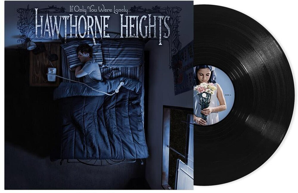 Vinyl record with cover featuring a person in bed and another holding flowers, titled 'Hawthorne Heights'.