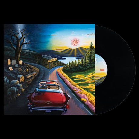 Vinyl record album cover featuring a surreal landscape painting of a red convertible driving along a road toward a glowing rose over water, with the black vinyl disc partially visible behind the cover on a black background.