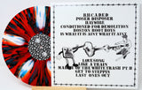 Haywire Conditioned for Demolition LP back cover and red, black, and blue splatter vinyl record