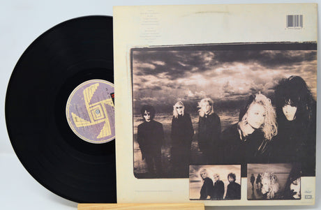 A vinyl record partially pulled from its sleeve, showing the black record and the back cover artwork with a sepia-toned band photo and small inset photos on a light background.