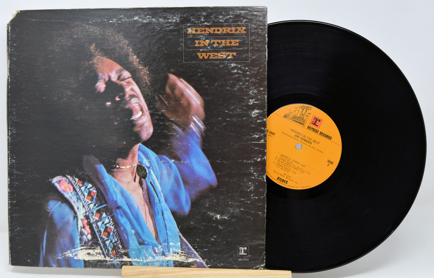 Vinyl record and cover titled 'Hendrix in the West' on a white background