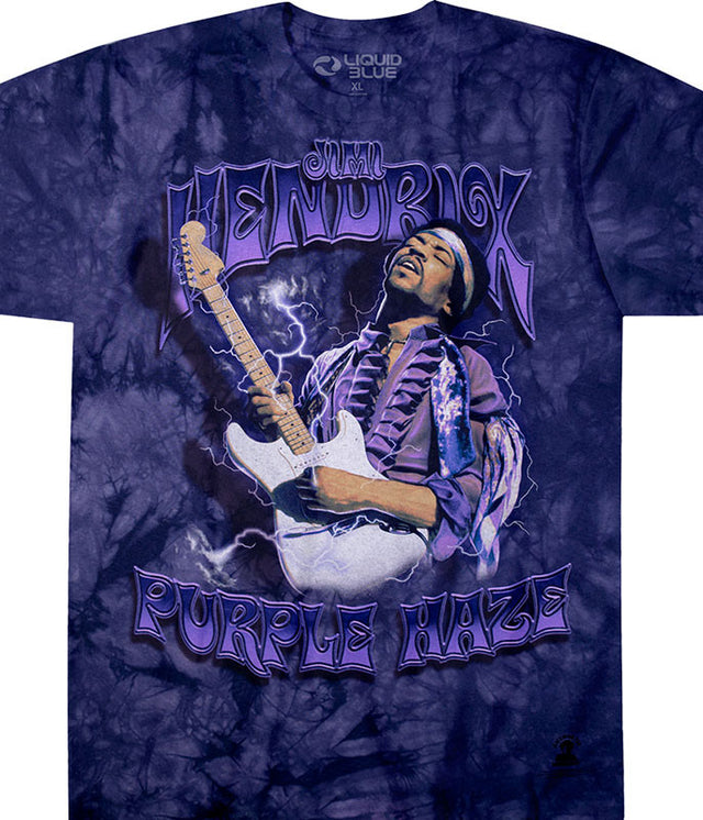 T-shirt with a graphic of Jimi Hendrix playing guitar and 'Purple Haze' text on a blue tie-dye background.