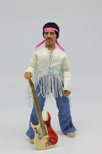 Action figure of a person with a guitar on a plain background