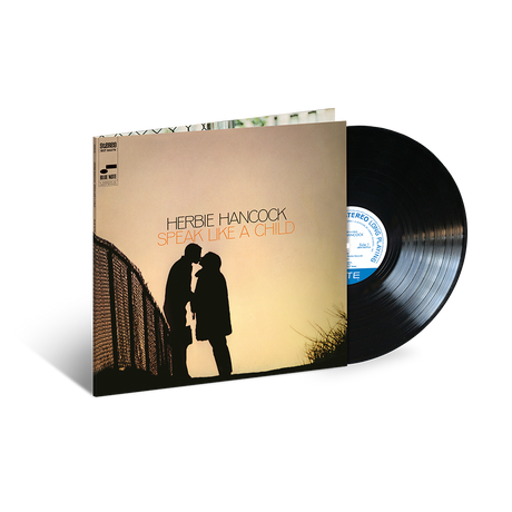 Herbie Hancock - Speak Like A Child vinyl record album packaging with a silhouette of Herbie Hancock and a child on the cover, along with a black vinyl record.