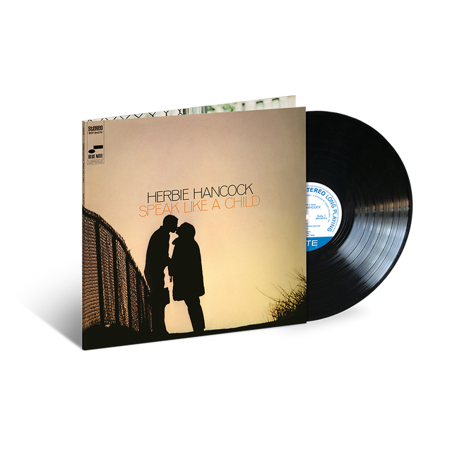 Herbie Hancock - Speak Like A Child vinyl record album packaging with a silhouette of Herbie Hancock and a child on the cover, along with a black vinyl record.