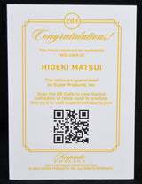 Certificate of authenticity for Hideki Matsui relic card with QR code from Keepsake Edition