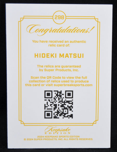 Certificate of authenticity for Hideki Matsui relic card with QR code from Keepsake Edition