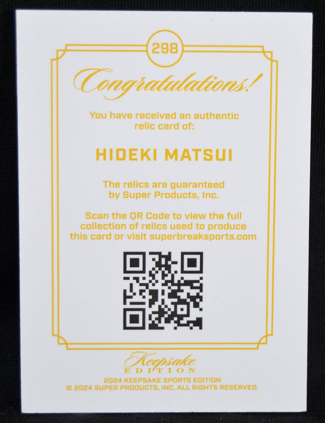 Certificate of authenticity for Hideki Matsui relic card with QR code from Keepsake Edition