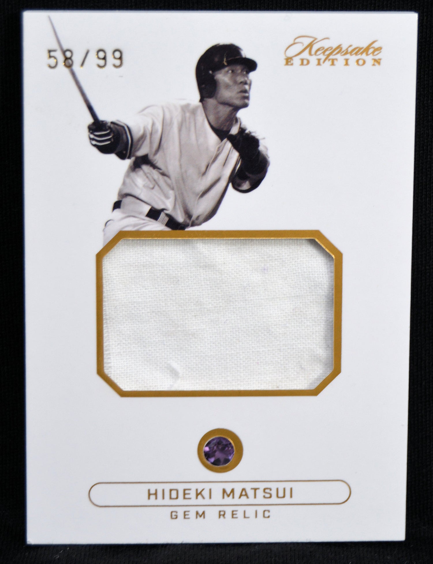 Baseball trading card featuring Hideki Matsui with a relic patch on a white background