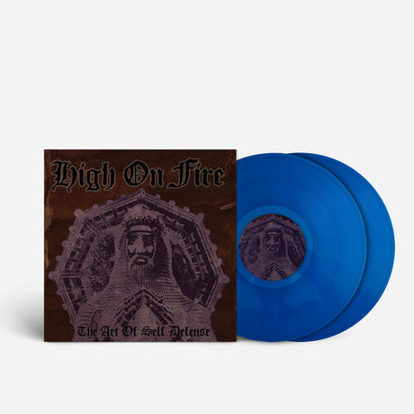 Album cover for 'High On Fire' with a central illustration and text on a brown background