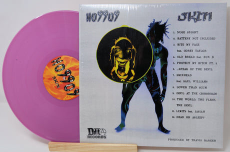 Ho99o9 'Skin' album back cover and purple vinyl LP with tracklist and bold graphic art