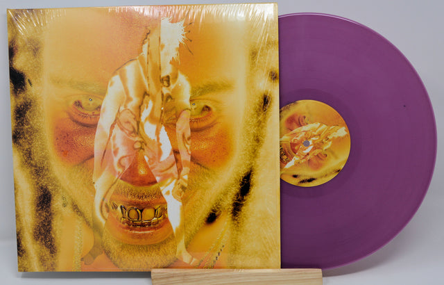 Ho99o9 'Skin' album front cover with intense artwork and matching purple vinyl record