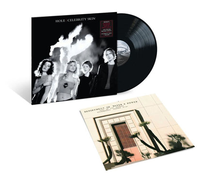 A vinyl record album shown with its outer sleeve standing upright and the black record partially pulled out, plus a second angled sleeve cover placed in front on a white background.