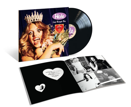 Hole - Live Through This vinyl record package shown on a white background, including the illustrated album cover, a black vinyl record, and an open inner booklet with printed photos and text.