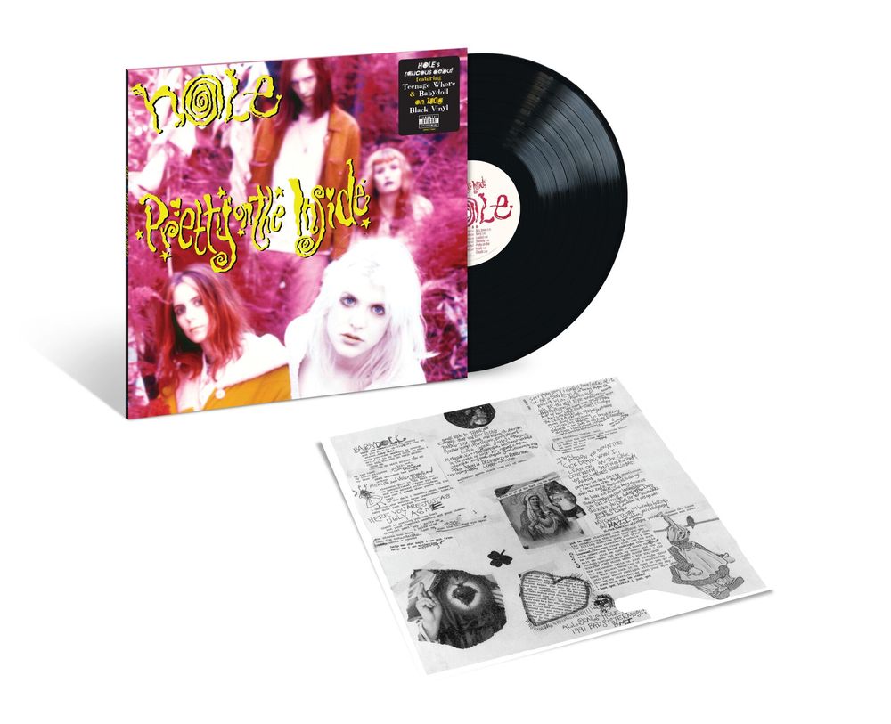 A vinyl record album shown with its illustrated outer sleeve, a partially visible black record, and an open inner paper insert on a clean white background.