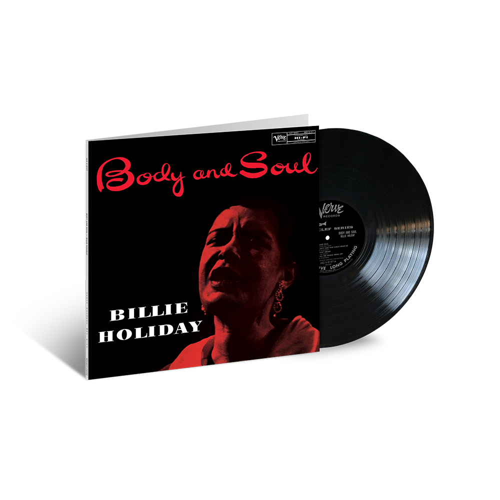 A vinyl record titled 'Body And Soul' by Billie Holiday with a portrait of the artist in the center. The album is in a deluxe gatefold packaging.