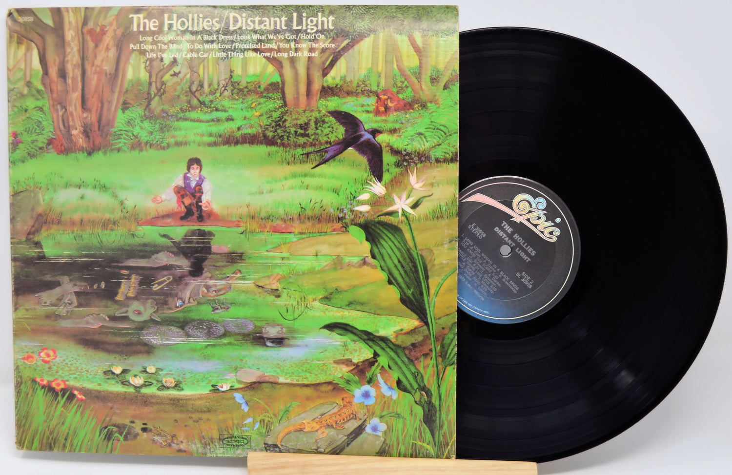 Vinyl record with a colorful cover featuring nature scenes and a child by a pond.
