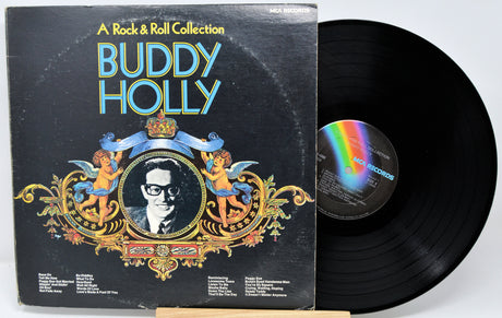 Vinyl record and cover of 'A Rock & Roll Collection' by Buddy Holly on a white background