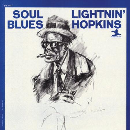 Cover art for 'Soul Blues' by Lightnin' Hopkins featuring a stylized illustration of a man in a hat and sunglasses, smoking a cigarette.