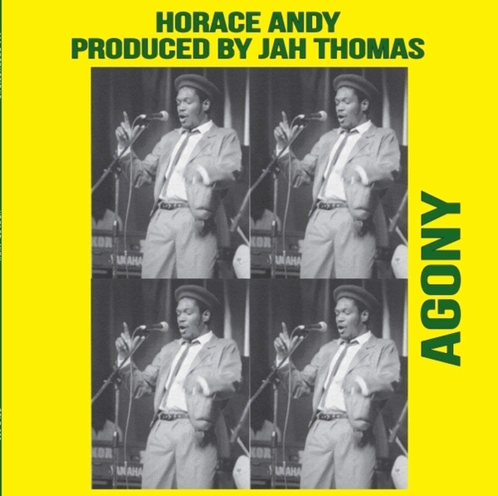 Album cover with black and white photos of a man singing, yellow border, and text 'Horace Andy Produced by Jah Thomas Agony'.