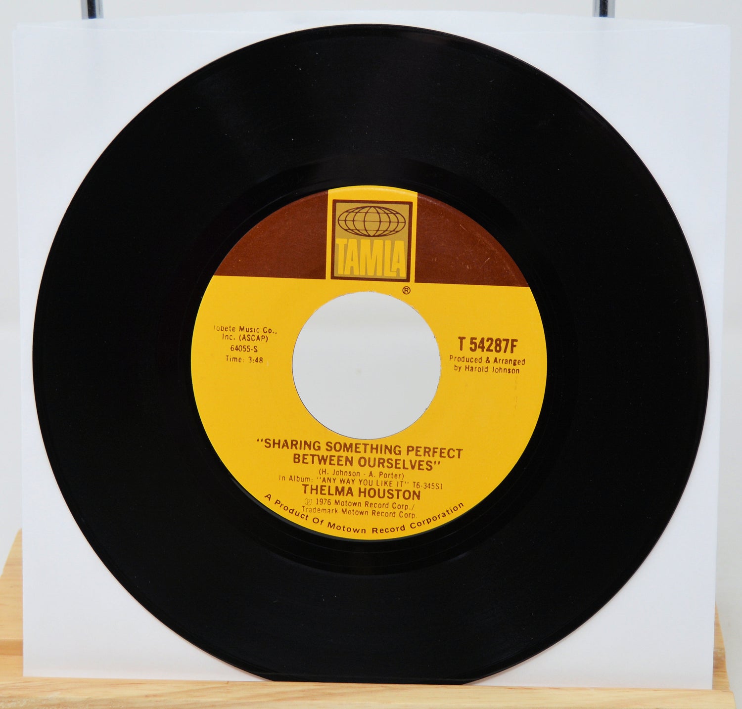 45 RPM record with yellow label on a white background