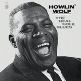 Album cover featuring a black and white portrait of Howlin' Wolf with text 'Howlin' Wolf: The Real Folk Blues'.