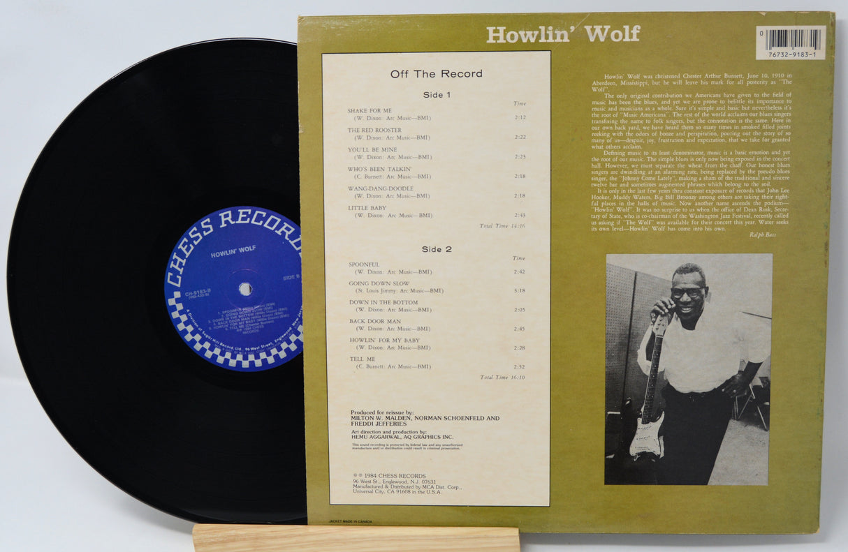 Vinyl record with cover featuring a photo of Howlin' Wolf and album details.