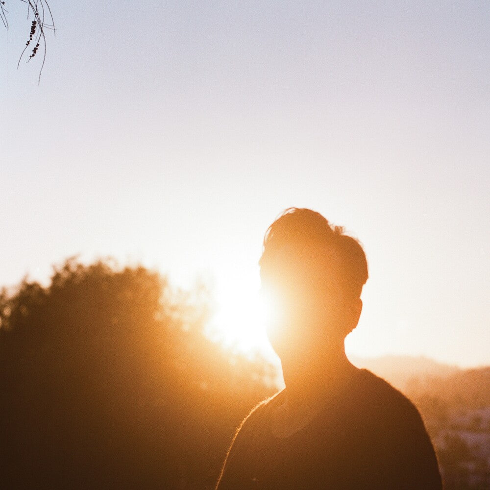 Person standing with back to the sun in a natural setting