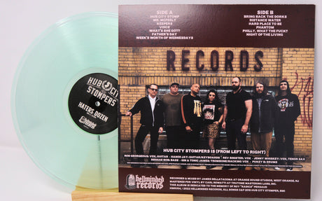Back cover of Hub City Stompers Hater's Dozen vinyl showing tracklist and band members