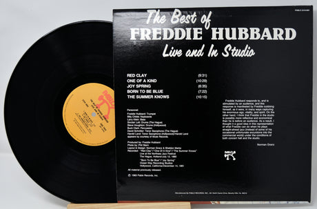 Vinyl record with cover displaying 'The Best of Freddie Hubbard Live and In Studio' on a light gray background.