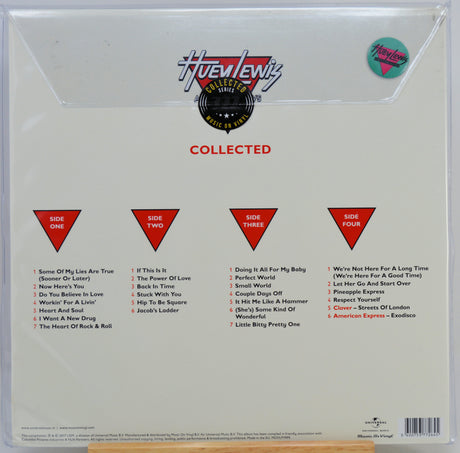 The back cover of a vinyl record album in a clear plastic shrink wrap, featuring the Huewenz 'Collected' compilation. The cover is off-white with red and black text, listing track selections for four sides, and includes a circular sticker.