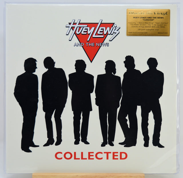 Huey Lewis and the News 'Collected' vinyl record box set cover, featuring black silhouettes of five band members against an white background with a gold hype sticker in the top right.