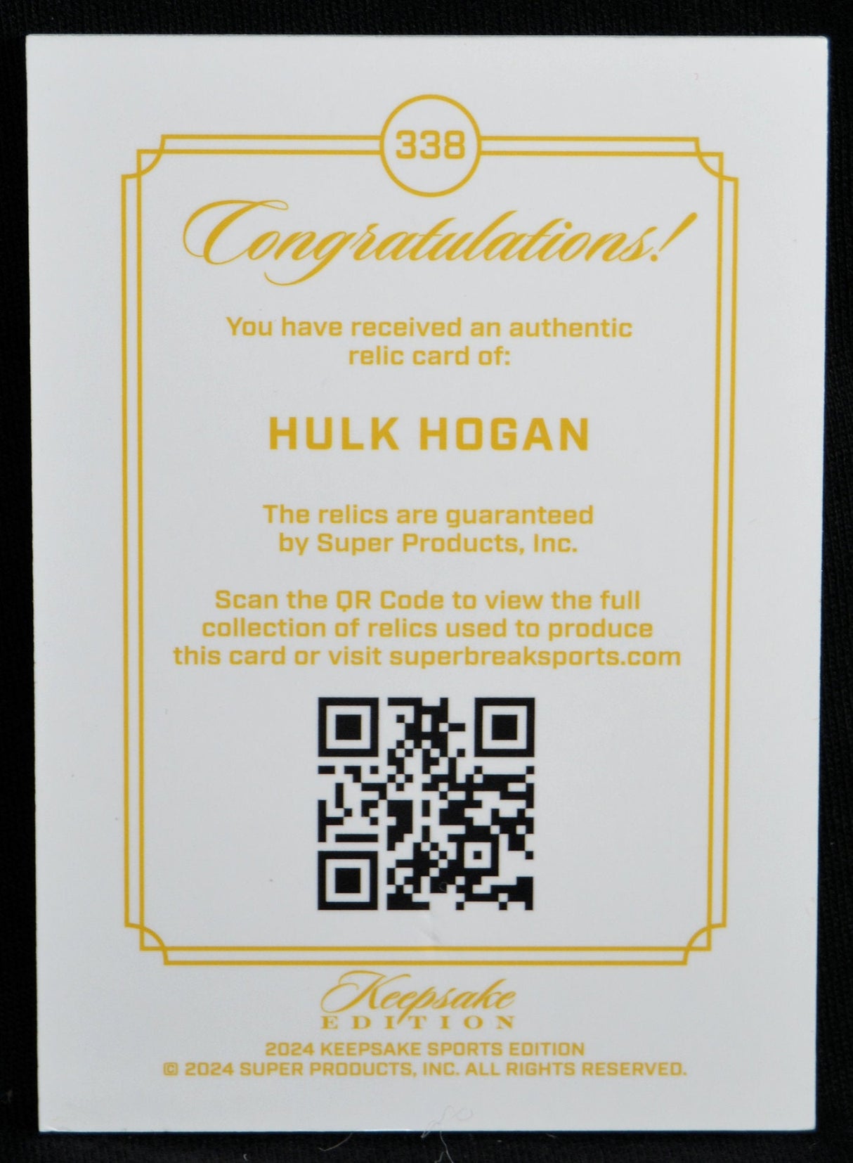 Certificate of authenticity for Hulk Hogan Gem Relic Keepsake Edition card with QR code
