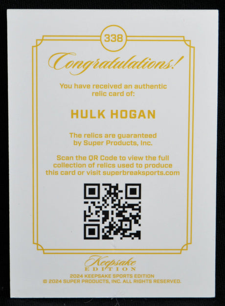 Certificate of authenticity for Hulk Hogan Gem Relic Keepsake Edition card with QR code