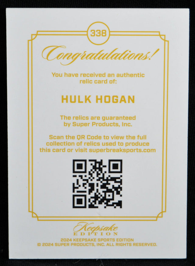 Certificate of authenticity for Hulk Hogan Gem Relic Keepsake Edition card with QR code