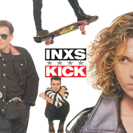 Promotional poster for INXS album 'Kick' featuring band members and a skateboarder.