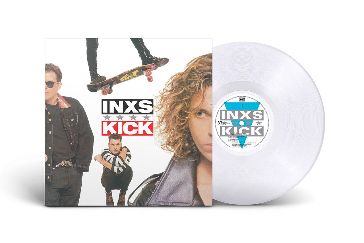 INXS 'Kick' vinyl record with packaging featuring band members and album cover.