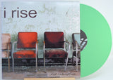 Front cover of I Rise 'For Redemption' green vinyl LP with vintage chairs and distressed wall