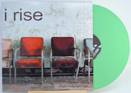 Front cover of I Rise 'For Redemption' green vinyl LP with vintage chairs and distressed wall