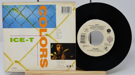Vinyl record and cover with 'ICE-T' and 'COLORS' text on a white background