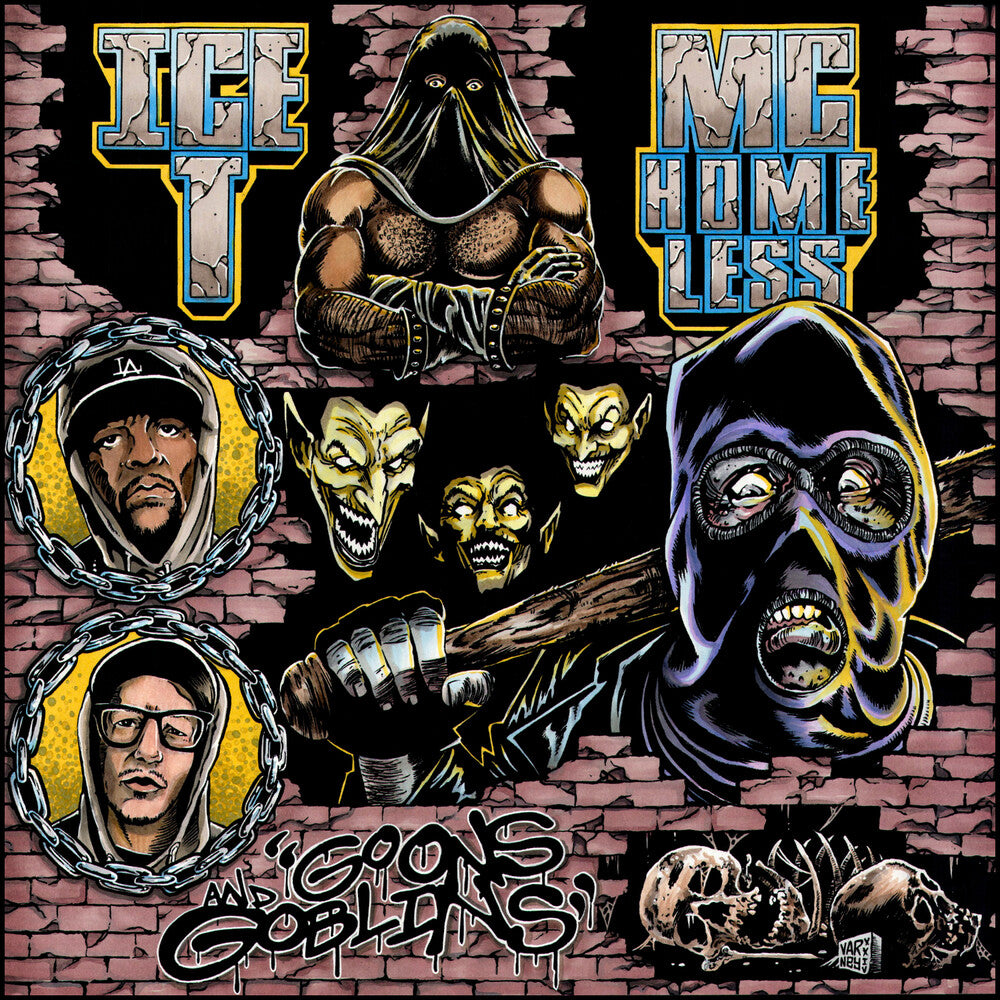 Artistic illustration with masked figures and text on a brick wall background