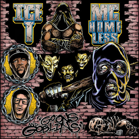 Artistic illustration with masked figures and text on a brick wall background